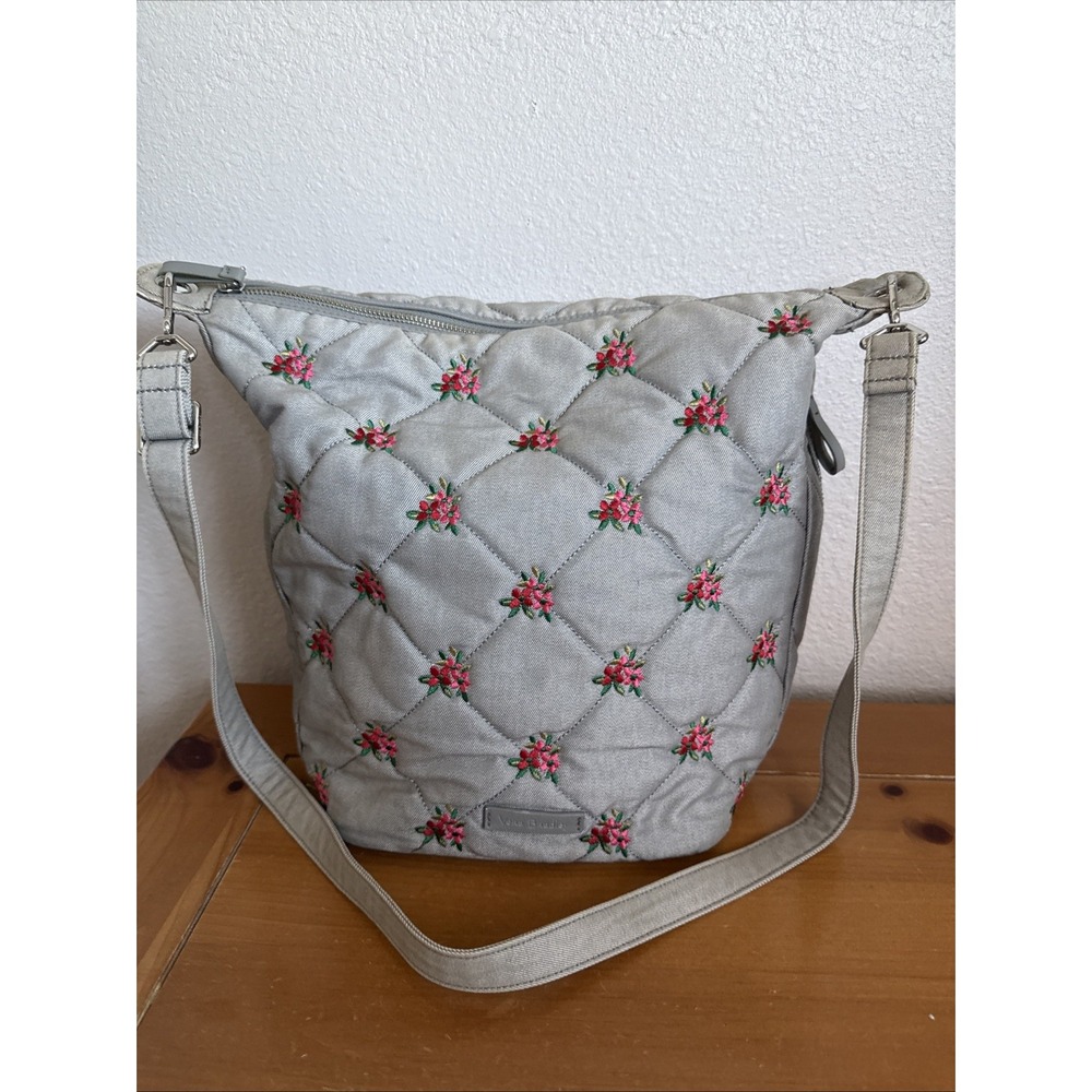 Vera Bradley Carson Hobo Bag Denim Gray Floral Quilted Crossbody/Tote